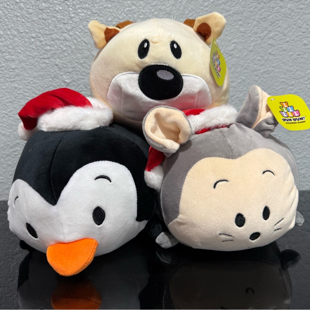 Bun Bun Stacking Plush Reindeer, Santa Hat Mouse & Penguin Stuffed Toys set of 3